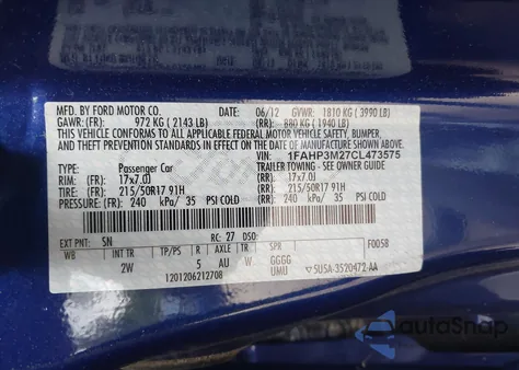 2012 Ford Focus Sel из США, поврежденный, VIN 1FAHP3M27CL473575